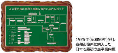 1975年（昭和50年）9月、京都市役所に納入した日本で最初の点字案内板